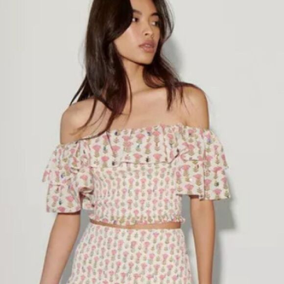 Saylor Milley Floral Metallic Smocked Off Shoulder Cropped Top XS - Picture 1 of 9